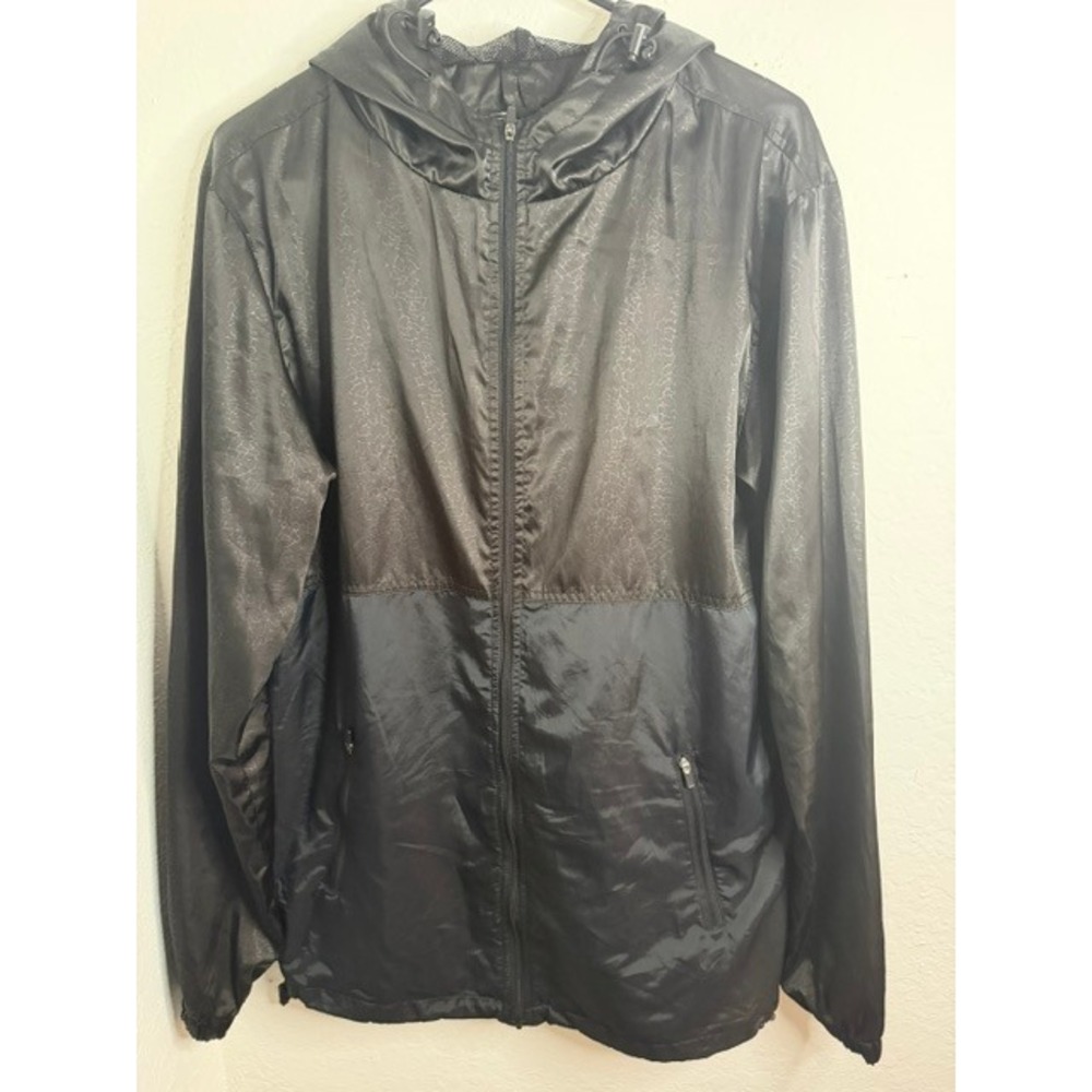Rook Brand Mens Black Crackle Print Full Zip Hooded Windbreaker Jacket Large